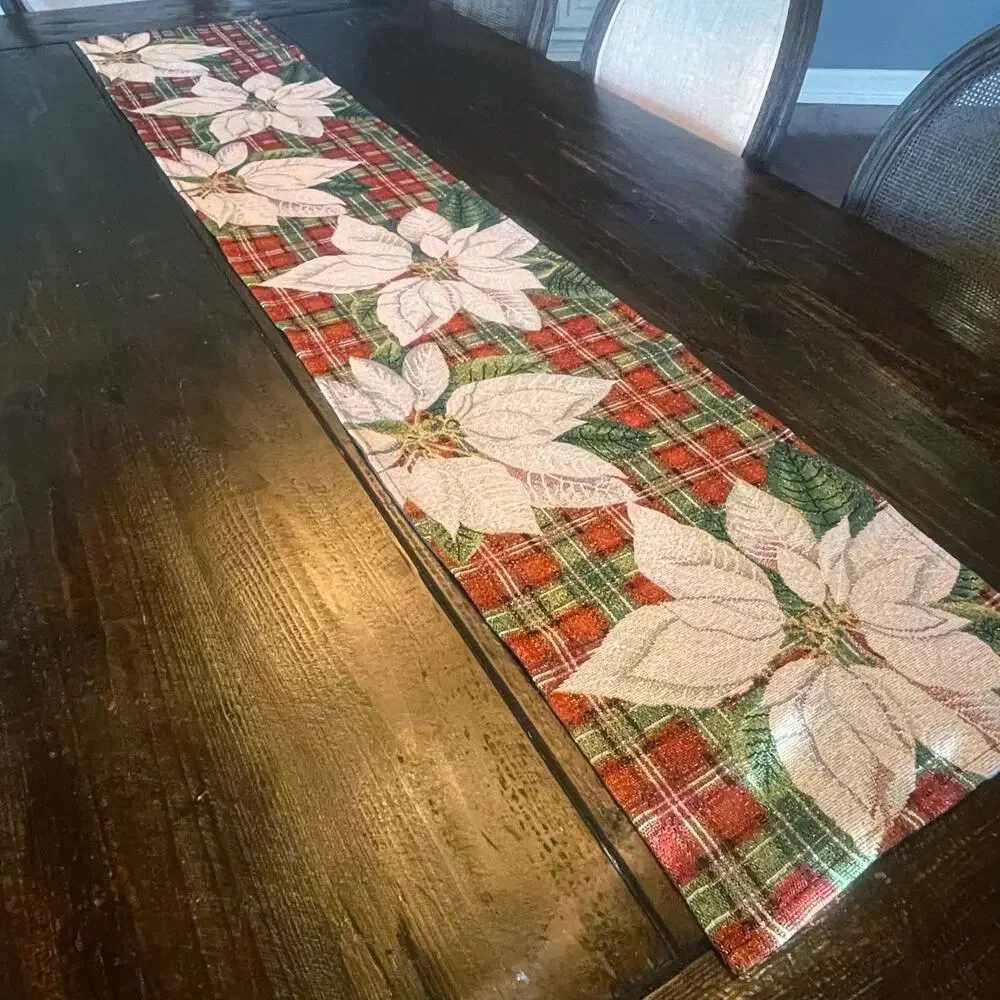 Christmas Plaid Poinsettia Tapestry Table Runner 13x70 Red Cream Green NWT